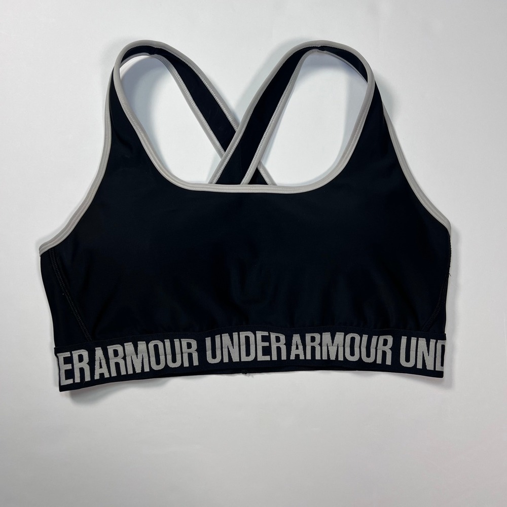 Under Armour Mid Keyhole Sports Bra Size Large Black Gray Logo Band - Picture 1 of 9